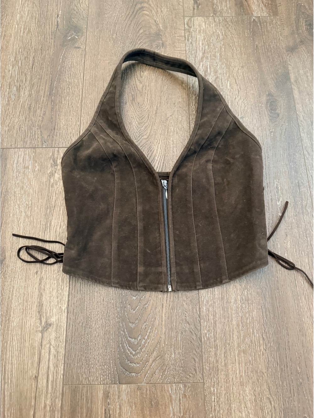 Silence + Noise Addison Faux Suede Halter Top Brown Lace Up Y2K, Western; Small